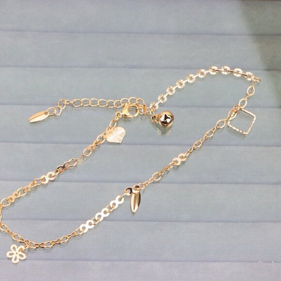 "Rose Gold Charm Anklet with Floral, Leaf & Square Link Accents, XPAL1045 - Picture 9 of 12